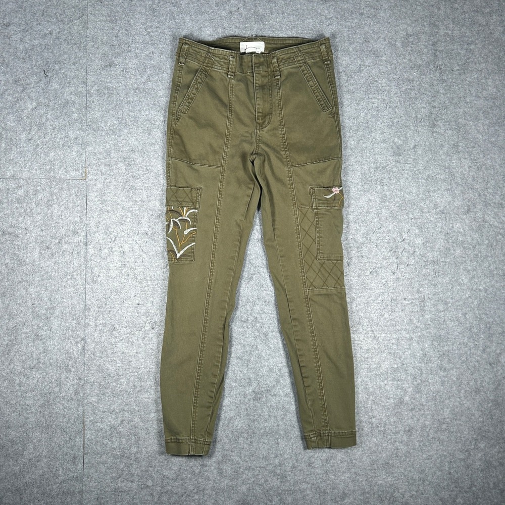 Anthropologie Cargo Pants Womens 27 Green Embroidered Floral Skinny Utility Boho